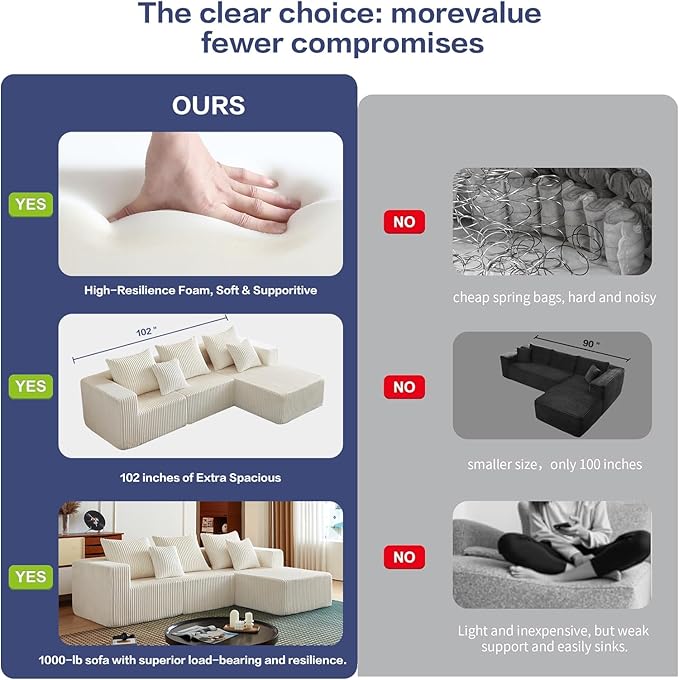 102" Modular Sectional Sofa for Living Room,Boneless Couch in A Box with Ottoman,Memory Foam Sectional Couches for Apartment,Cloud Couch No Assembly Required,Beige