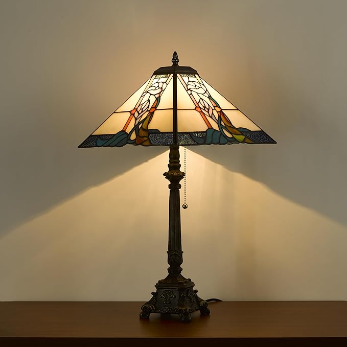 Tiffany Table Lamps Milky White Stained Glass Bugle Flowers Style Mission Desk Lamp 12X12X24 Inch Bronze Resin Base
