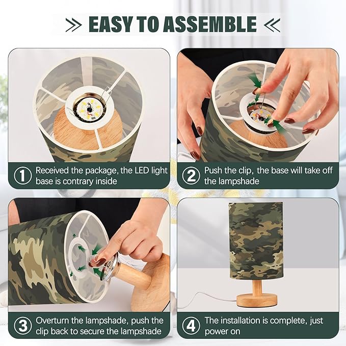 Green Vintage Camouflage LED Table Lamp for Bedroom Bedside Lamp with USB Charging Ports Decor Nightstand for Living Room Reading Dorm Desk Home Office