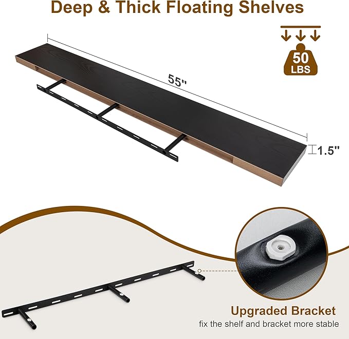Fun Memories 55 Inch Fireplace Mantel Shelf -Long Floating Shelf, Wall Mounted Farmhouse Display Shelf with Invisible Heavy Duty Metal Bracket, Black