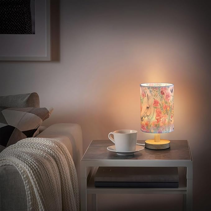 Bedside Lamp White Horse Pink Flower Table Lamp with USB Port Wood Base for Living, 5.12x9.7in/13x24.7cm, 214B3018