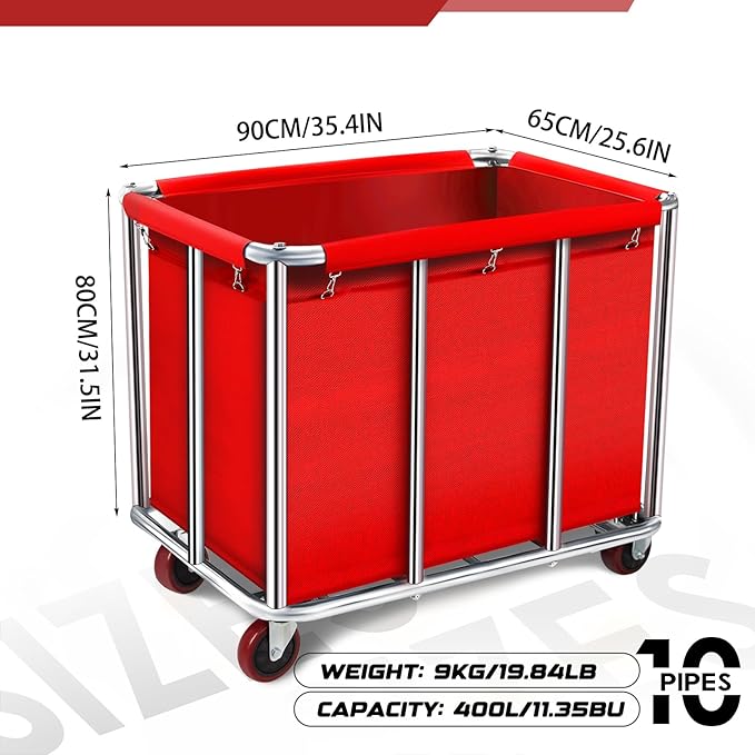 Commercial Laundry Cart on Wheels, 11.35 Bushels Large Laundry Roller, Heavy Duty Stainless Steel, Silver