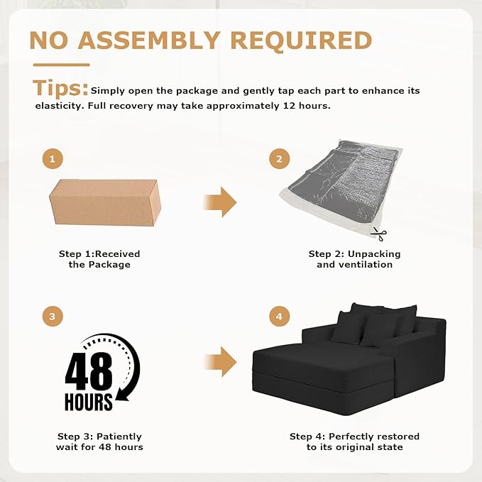 Convertible Futon Sofa Bed with Ottoman, 5 in 1 Folding Couch Bed Loveseat Sleeper, Corduroy Boneless Couch with Deep Seat for Living Room Chaise Lounge Chair Indoor, No Assembly Required, Black