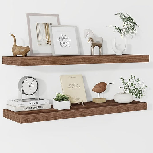Fun Memories Floating Shelves 36 Inch Long, 9.3Inch Deep Floating Shelves for Wall, Extra Deeper & Thicker Wall Mounted Storage Shelf for Kitchen, Farmhouse, Walnut, 2 Pack
