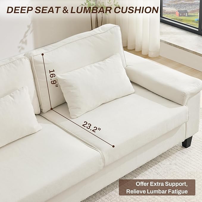 3 Seater Couch for Living Room, 79'' Comfy Deep Seat Sofa with Adjustable Armrests & USB/Type-C Charging Ports, Mid Century Modern Couch for Bedroom, Home Office, White