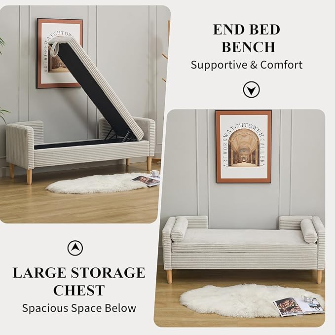 NIOIIKIT 65" Large Storage Ottoman Bench with 2 Pillows, Corduroy Upholstered Entryway Bench with Wood Leg, End of Bed Bench with Straight Armrest, Window Bench for Bedroom, Entryway (Light Grey)