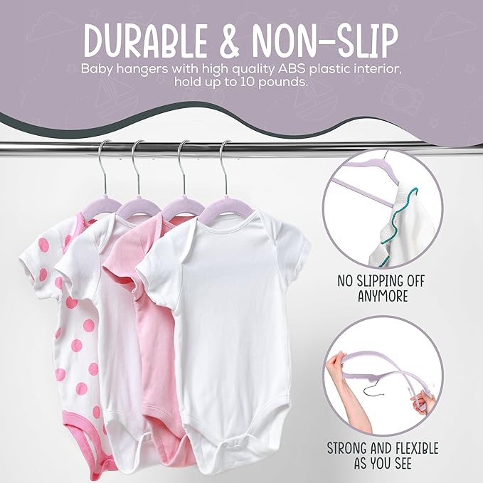 50 Premium Velvet Baby Hangers 11.8" Inch Non-Slip Infant, Ultra Slim Space-Saving Children Closet Hangers, 360° Swivel Hook, Strong & Durable Baby Toddler Kids Clothes Hanger, Purple