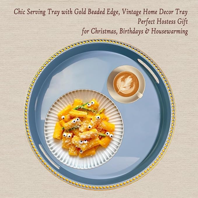 Blue Decorative Tray for Coffee Table, Round Beaded Plastic Serving Tray forKitchen Counter, Ottoman, Living Room,(13")