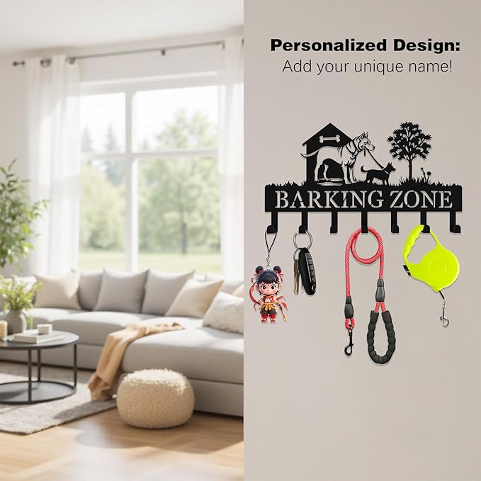 Custom Dog-Themed Key Hook Wall Decor,Personalized Engraved Metal Key Holder of Outdoor Doghouse&Daddy Dog and Puppy on Grass Design,Functional Key Hanger Wall Mount for Hallway