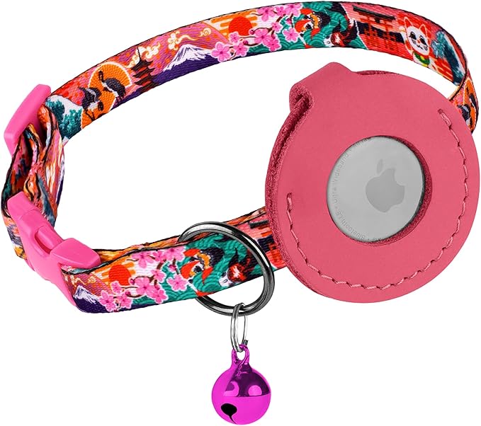Airtag Cat Collar with Bell - Non Breakaway Soft Pet Collar with Leather Air Tag Holder - Adjustable GPS Anti-Lost Collars for Girl Boy Cats Kitten Puppies, Lightweight and Patterned (Japanese)