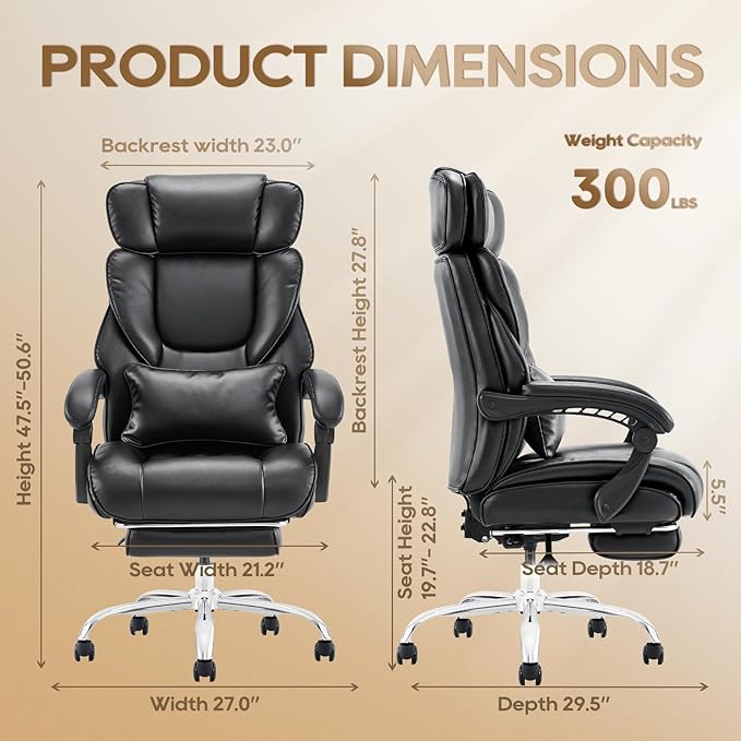 COLAMY Office Chair with Retractable Footrest, Ergonomic High Back Design Executive Computer Desk Chair with Removable Lumbar Pillow, 90-135°Reclining, Thick Bonded Leather, 2 PCs, Black