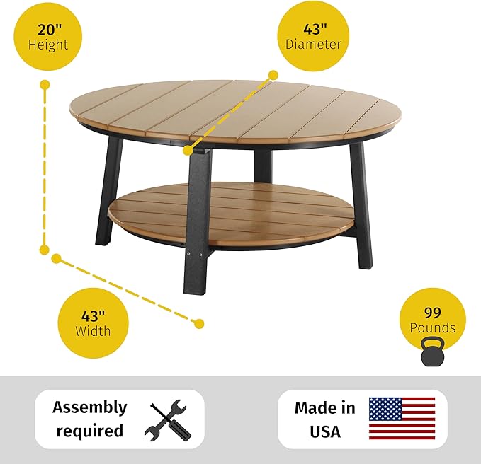 LuxCraft Deluxe Poly Round Outdoor Coffee Table, Two Tier Coffee Table, Round Conversation Tables for Outside Patio with Lower Shelf - Amish Made in USA (Coastal Gray & Black)