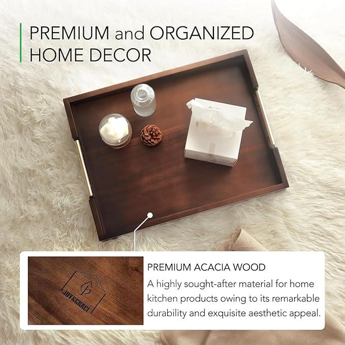 Joy&Grace Ottoman Tray for Living Room 16.7 x 12.8 inch Large Acacia Wooden Serving Tray with Handles for Coffee Table, Breakfast in Bed, Food Dinner, Decorative Rectangular Tray (Color Brown)