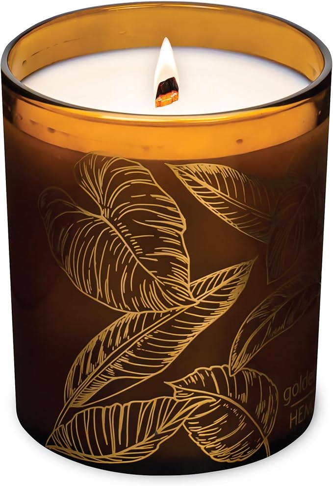 Hemlock Park Amber Gold Leaf Glass Wood Wick Candle Handcrafted with Natural Coconut Wax (Standard 7.2 oz, Golden Hour)