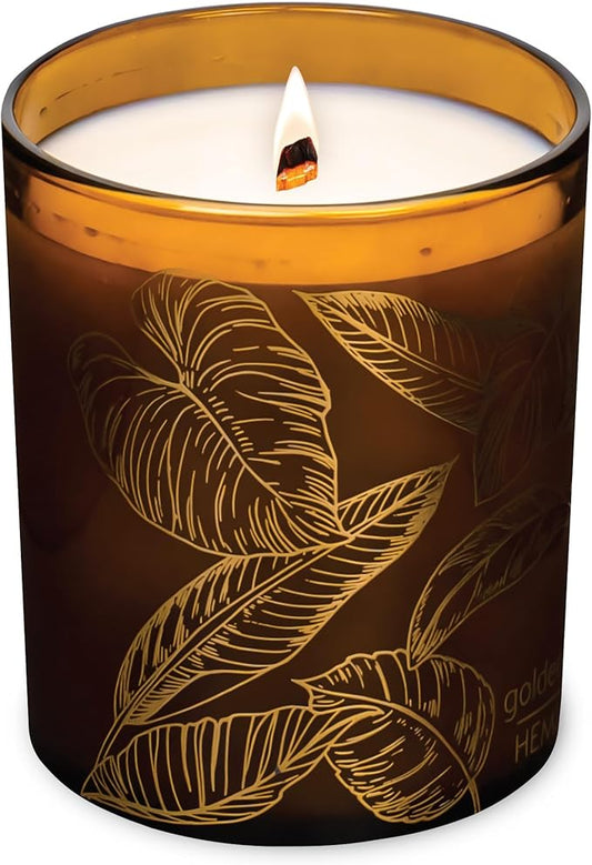 Hemlock Park Amber Gold Leaf Glass Wood Wick Candle Handcrafted with Natural Coconut Wax (Standard 7.2 oz, Golden Hour)