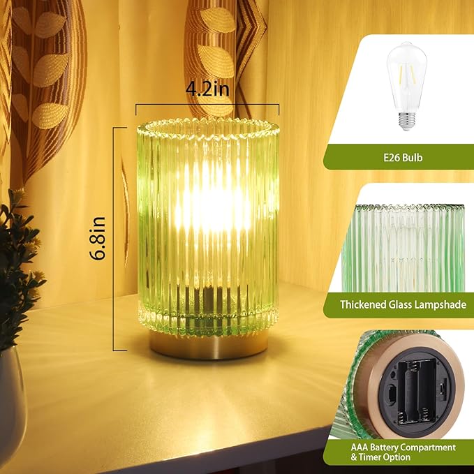 Battery Operated Lamp, Cordless Table Lamp with Timer, Desk Bedside Lamps with LED Warm Light, Glass Small Table Lamp for Bedroom, Bathroom, Living Room, Home Decor - Green