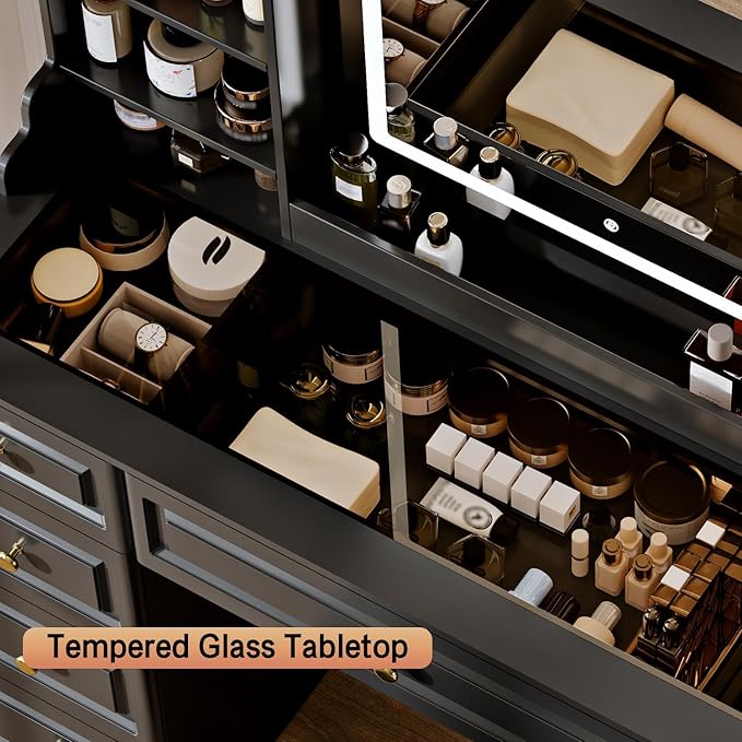 43" Makeup Vanity Desk with Mirror and Lights, & Power Outl, Glass Top Big Vanity Table with 9 Drawers& 8 Storage Shelves, Dressing Table Set with Chair for Bedroom, Black