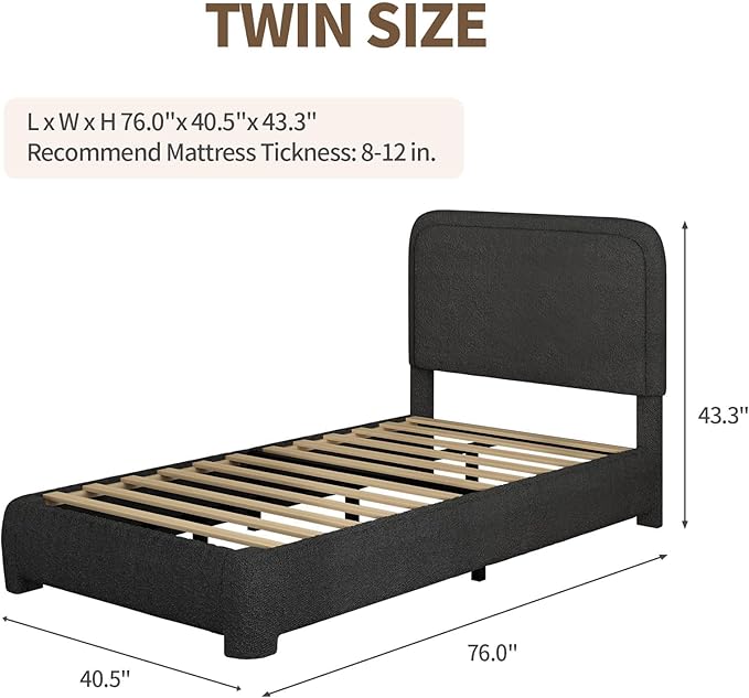 BarnFurin Twin Size Bed Frame, Boucle Upholstered Platform Bed Frame with Headboard, Modern Style, Soft Rounded Corners, No Box Spring Required, Easy Assembly, Black