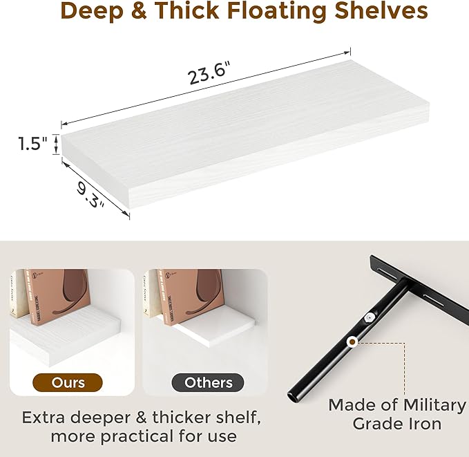 Fun Memories Floating Shelves for Wall, 24 x 9.3 Floating Shelf Wall-Mounted, Rustic Wood Bathroom Shelf Set of 2, Deep Bookshelf Storge Shelves for Living Room, Bedroom, Farmhouse, White Color
