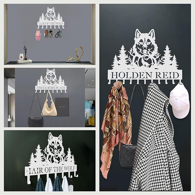 Personalized Key Hooks for Wall,Custom Name Mighty Wolf Key Holder Wall Mounted,Fashion Coat Rack,Metal Key Hanger with Hooks,Key Rack Organizer for Entryway,Hallway,Doorway