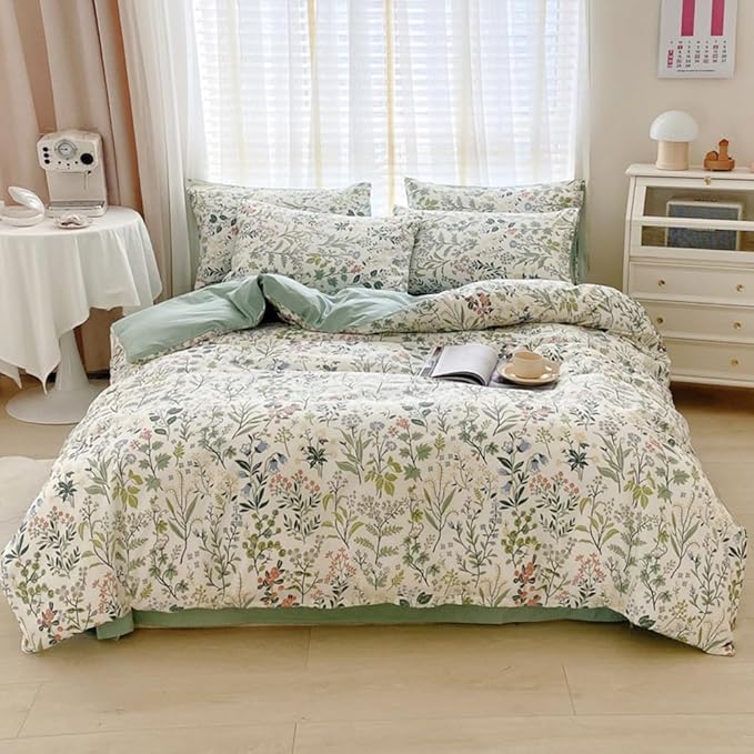 Floral Wildflower Duvet Cover Full Sage Green Botanical Duvet Cover 100% Cotton Vintage Floral Bedding Set Full Rustic Garden Flower Comforter Cover Girls Cottagecore Bedding Set with 2 Pillowcases