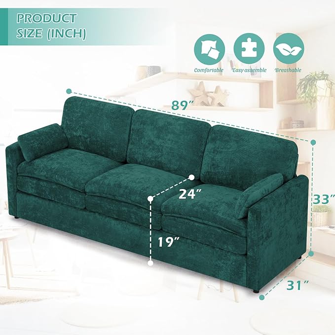 3 Pieces Chenille Sofa Set w/Arm Pillows, Upholstered 2 Pieces Loveseat & 3 Seater Sofa w/Comfortable Back Cushions, Modern 2-Seat & 3-Seat w/High-Density Foam for Living Room, Teal