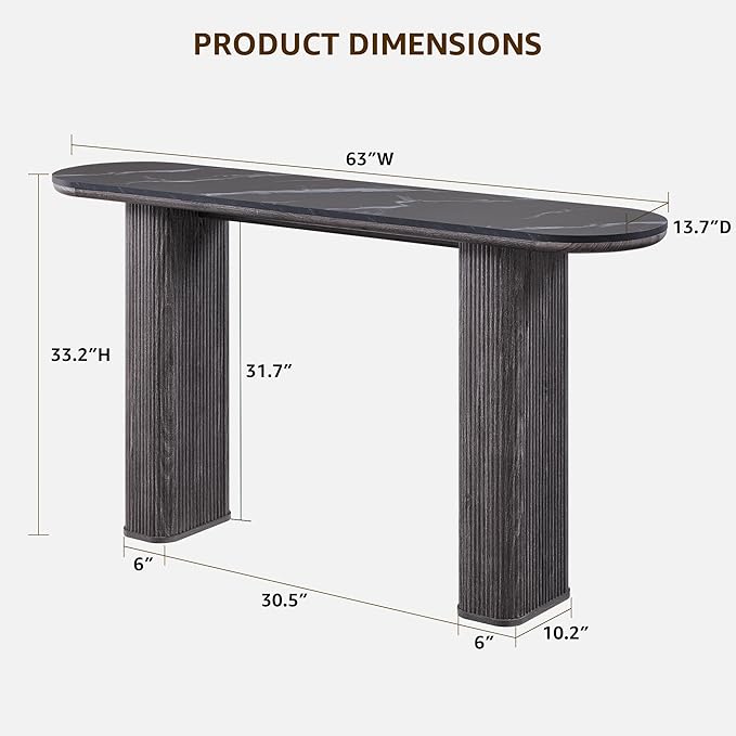 OKD 63" Modern Console Table with Arc Marble Texture Top, Fluted Wood Base, Contemporary Entryway Sofa Table for Living Room, Hallway, Foyer, Dark Alder