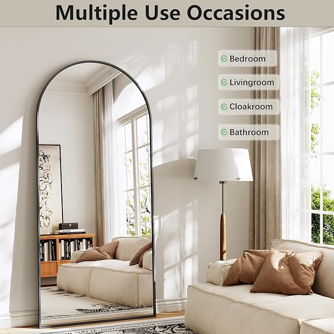 Mirror Full Length, 28"x71" Large Arched Floor Full Length Mirror with Stand, Room Decor Big Full Body Floor Mirror with HD Tempered Glass Aluminum Frame for Bedroom Living Room, Black