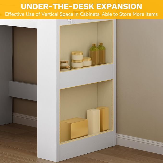 DWVO Vanity Desk with Mirror, Power Outlet and 10 Lights, 40" Big Vanity Makeup Table with 4 Drawers and 8 Open Storage Shelves, 3 Color Modes Adjustable Brightness for Bedroom, White