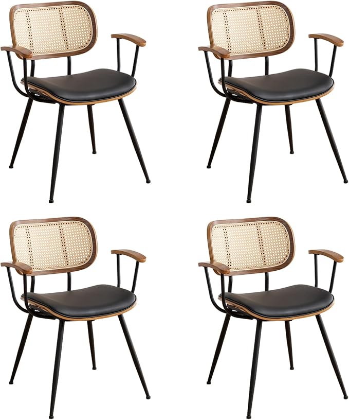Rattan Dining Room Chairs Set of 4,Mid Century Modern Kitchen Side Chairs,Metal Legs Desk Chair,Faux Leather Accent Chair with Arms and Rattan Backrest Black PU