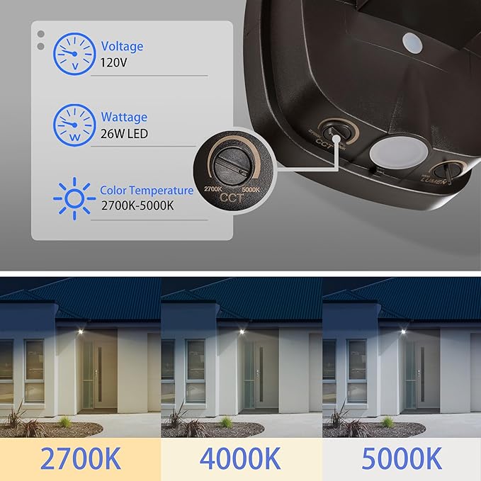 26W Flood Lights Outdoor, CCT Integrated LED Security Light Fixture, 1 Head Exterior LED Outdoor Light with Dusk to Dawn Control, ETL Water Resistant for Garage, Yard, Porch (Bronze)