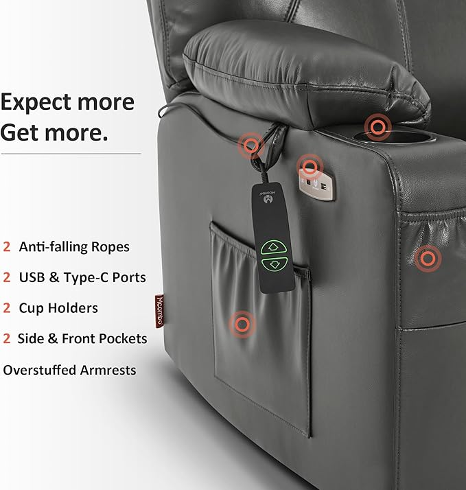 MCombo Oversized Power Lift Recliner Chair for Elderly, Lift Chair with Heat and Massage for Big and Tall, USB&Type C Ports, Cup Holders, Faux Leather R7510 (Grey, Large-Wide)