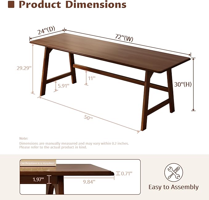 IOTXY Solid Wood Writing Table - 72" W x 24" D Minimalist Long Computer Desk for Home Office, Work, Study, Creativity, and PC Workstation, Walnut