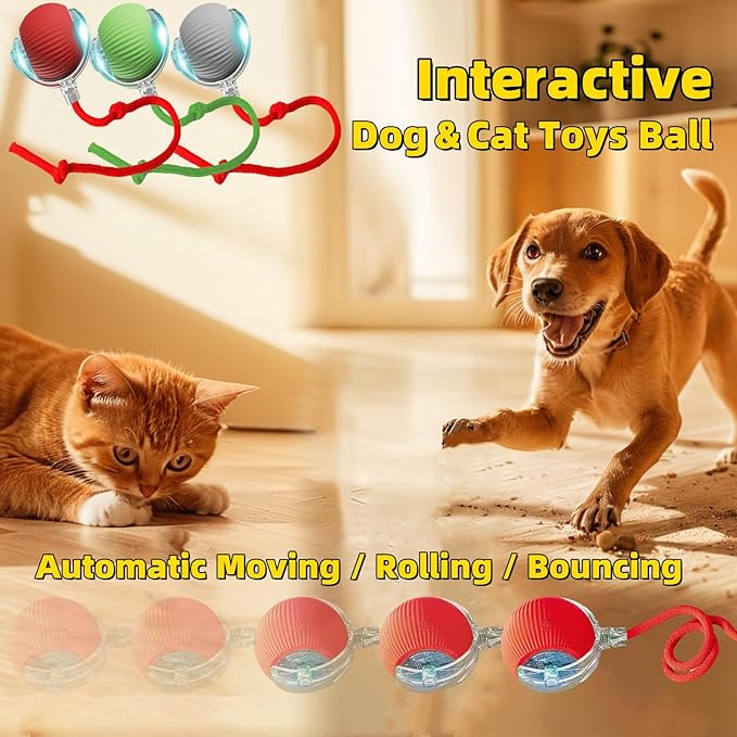 Interactive Dog Cat Toy Ball, Automatic Moving Bouncing Rolling, with Replacement Tail, Pet Smart Chase Ball Rechargeable, Enrichment Toys for Bored Indoor Adult Cats/Dogs (Green)