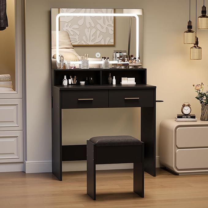 GarveeHome Vanity Desk with Mirror and Lights, 3 Color Modes Makeup Vanity with Cushioned Stool, 2 Drawers & Charging Station, Modern Dressing Table for Bedroom, Makeup Studio, Black