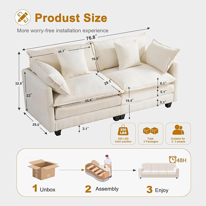 77" Cloud Sofa Loveseat & Couch｜Small 2-Seater Chenille Sectional Sofa with 29.1" Deep Seat｜FSC Certified Solid Wood & Metal Frame｜Easy Assembly & 1YR Guarantee｜ for Apartment Living Room Bedroom