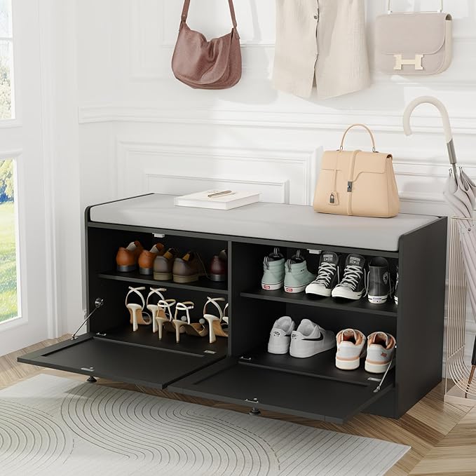 MHOM Rattan Shoe Bench for Entryway, Hallway and Bedroom - Boho Bench with Storage Cabinets and Seat Cushion - Wooden Storage Bench Fits up to Size 16, Black