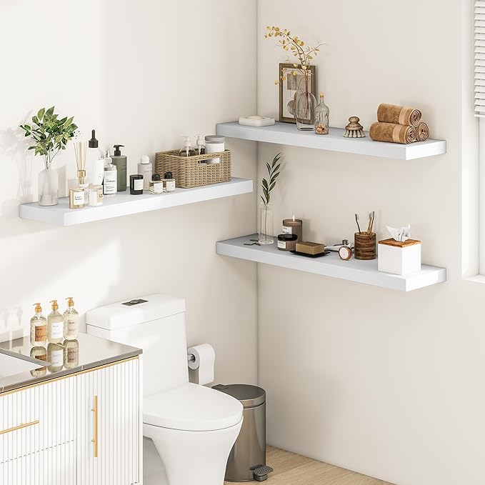 Vivelove 12 Deep Floating Shelves for Wall, 24/36/48/55 Inch Shelves for Room Wall Mounted, 2" Thick Floating Shelf for Living Room Bedroom Bathroom Kitchen Laundry Room, Set of 2 White