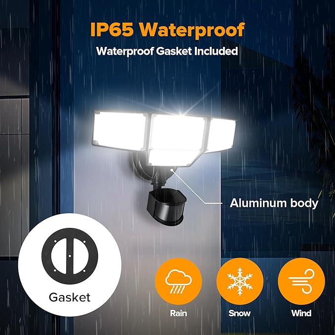 LUTEC 80W 9000LM LED Security Lights Motion Sensor Outdoor Lights, 4 Head LED Flood Lights Outdoor 5000K Daylight, IP65 Waterproof, Motion Detected Lights for Outside, Garage, Yard (Black) - 2 Pack