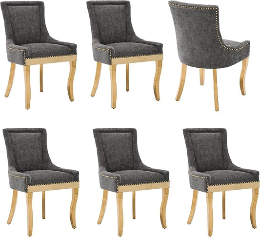 Luxury Fabirc Upholstered Dining Chairs Set of 6,Neutral Chenille Kitchen Room Chair with Nailhead Trim,6 Piece Modern Side Chairs for Dining Room,Living Room,Bar (Grey-Gold, Set of 6)