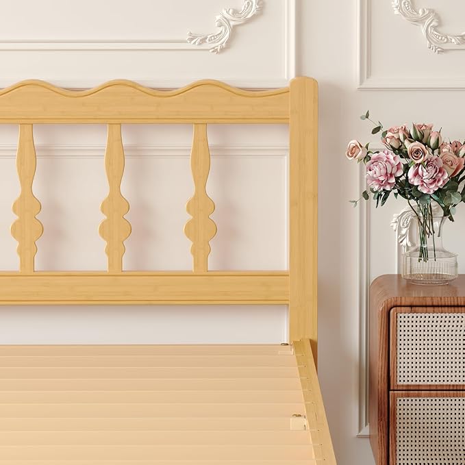 Bamboo Twin Bed Frame with Headboard, 14 inch Solid Wood Platform Bed Frames Twin Size with Metal Slats, No Box Spring Needed, Easy Assembly, Noise Free