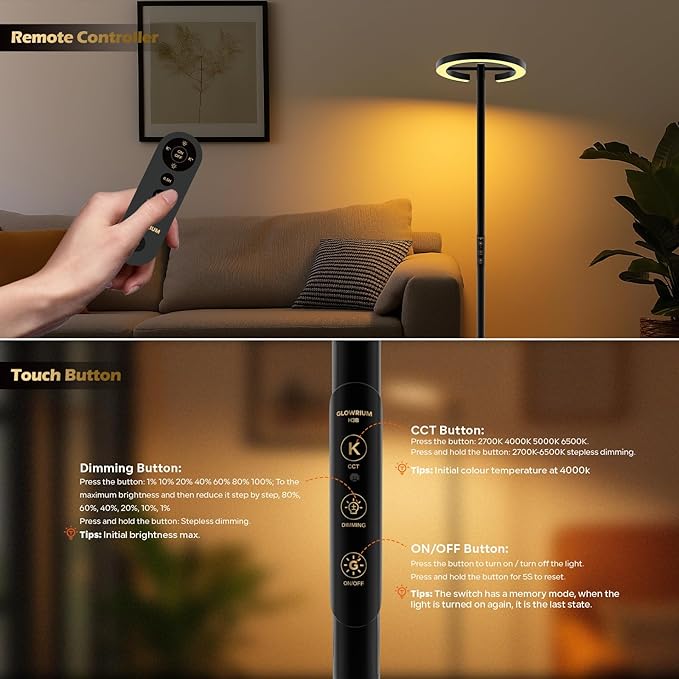 Floor Lamps for Living Room, 24W LED Floor Lamp with Remote, 70.8" Tall Standing Reading Lamp, 7-Level Brightness 4 Color Temps, Rotatable Modern Corner Lamp with Timer for Bedroom Home Office, Black