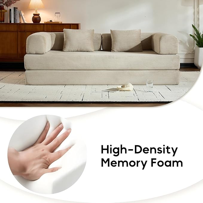 Corduroy Floor Sofa Bed, Convertible Folding Couch Bed with Fixed-Shape Frame and Armrest for Living Room Bedroom Lounge Studio-Beige