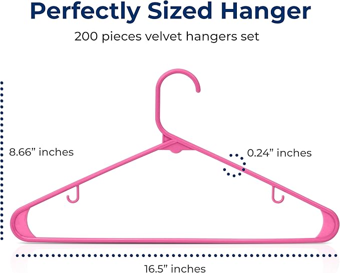 SereneLife 200 Pink Plastic Hangers Non-Slip Heavy Duty Coat and Clothes Hanger Set Slim Durable Space-Saving Closet Organizer Wardrobe Storage Home Bedroom 5.5 lb Capacity