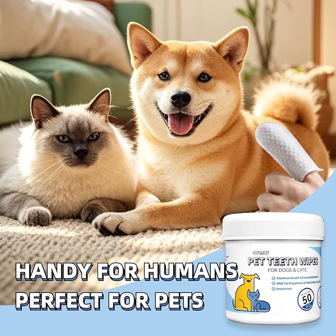 No-Rinse Dog Teeth Cleaning Wipes - Cat & Dog Fresh Breath Pet Dental Finger Wipes, Dog Toothbrush Dental Wipes to Easy Remove Plaque & Tartar, Gently Cleans Discharge (L-50PCS, Unscented)