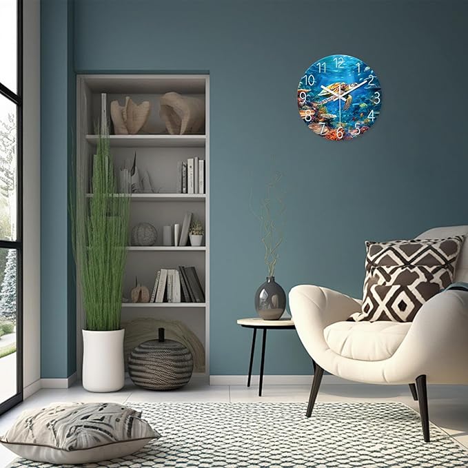 XNM Sea Turtle Glass Battery Powered Clock 14 Inch Ocean Blue Analog Clock for Bathroom Round Silent Wall Clock Non Ticking