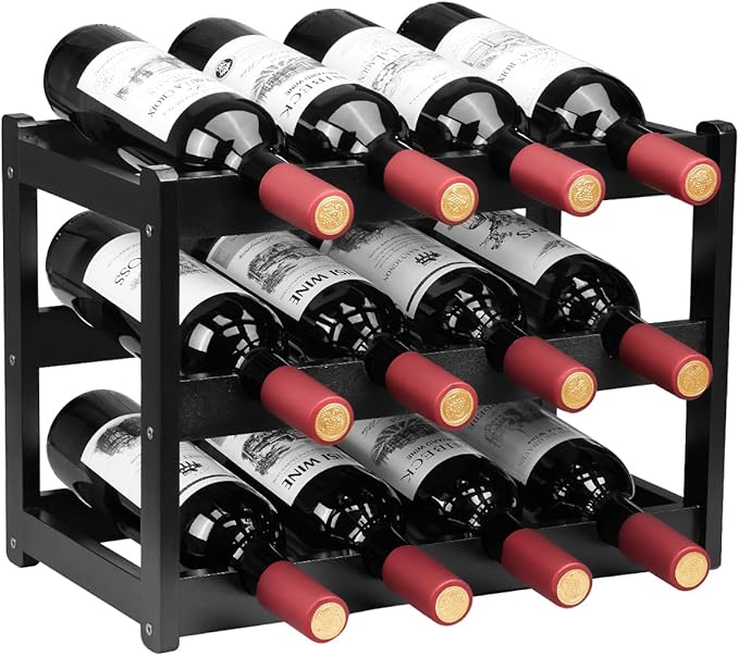 Bamboo Wine Rack, Sturdy and Durable Wine Storage Cabinet Shelf, Wine Racks Countertop for Pantry - 3 Tiers 12 Bottle Wine Rack, Black