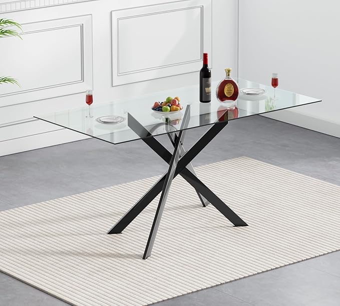 51.18" Glass Dining Table for 4-6, Dining Room Table with Black Tempered Glass and Black Metal Legs, Modern Rectangular Kitchen and Dining Room Dinner Table for Kitchen