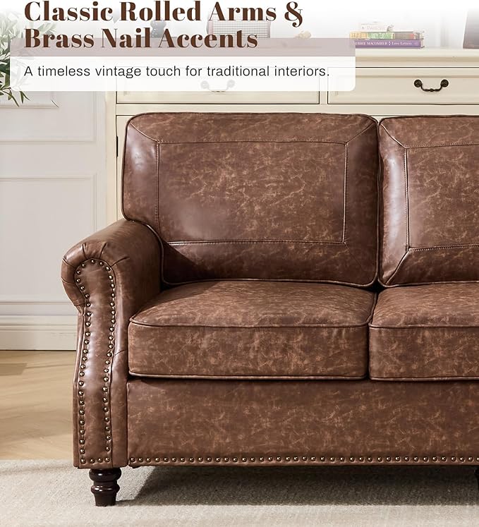 WILLOVE 79'' Faux Leather Sofas for Living Room, Mid Century Modern Couches with Rolled Arm & Nailhead Trim for Small Space, Apartment, Dark Brown