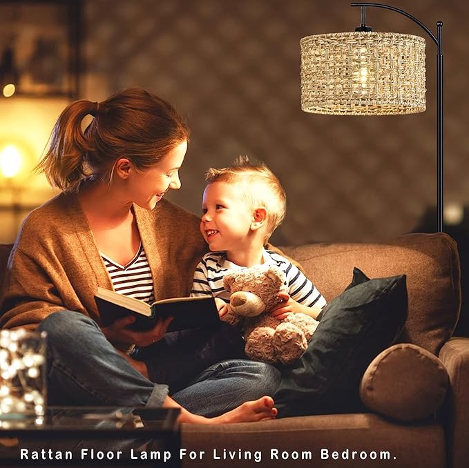Arc Floor Lamp for Living Room with Remote Control,Farmhouse Boho Floor Lamps with 3 Color Temperature,Rustic Standing Lamp with Rattan Wicker Shades,Adjustable Tall Lamp for Bedroom,Office,Reading